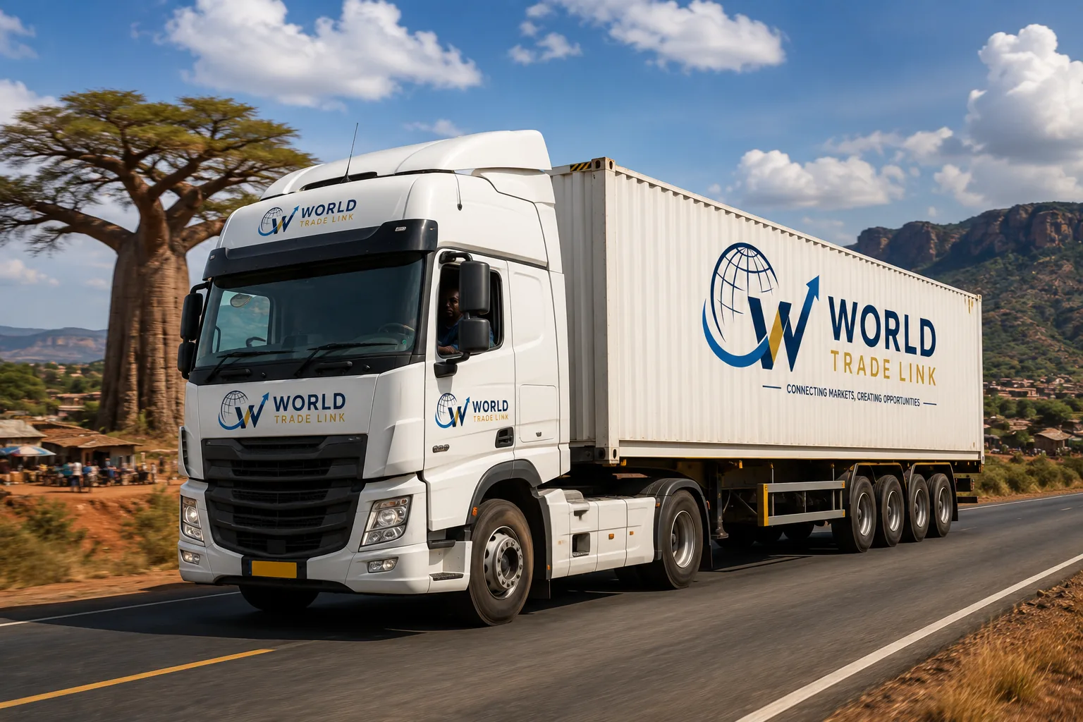 World Trade Link container truck operating on an African trade corridor
