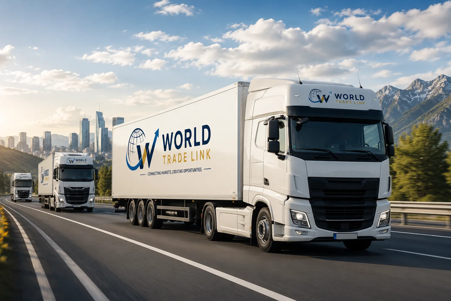 World Trade Link road-freight trucks on a European motorway